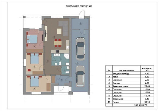 С-2 Одноэтажный дом с крытой террасой и смежным гаражом для двух автомобилей на земельном участке от 7,55 соток